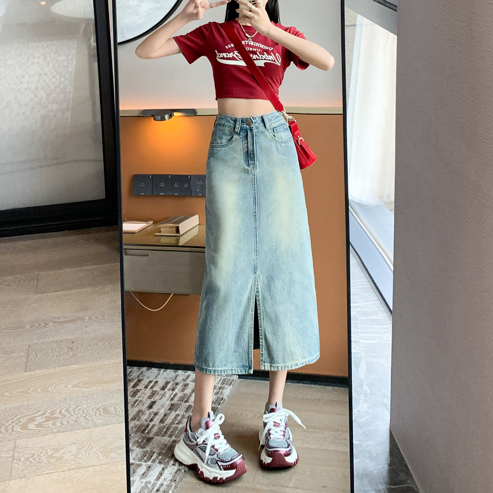 牛仔半身裙女2025年春夏季新款设计感包臀裙a字梨型身材开叉长裙