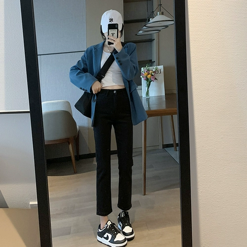 Прямые свободные джинсы, осенние черные штаны, высокая талия, подходит для подростков