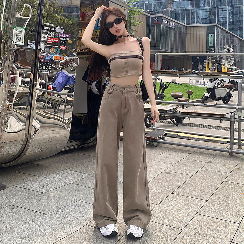 卡其色阔腿牛仔裤女显瘦宽松裤子