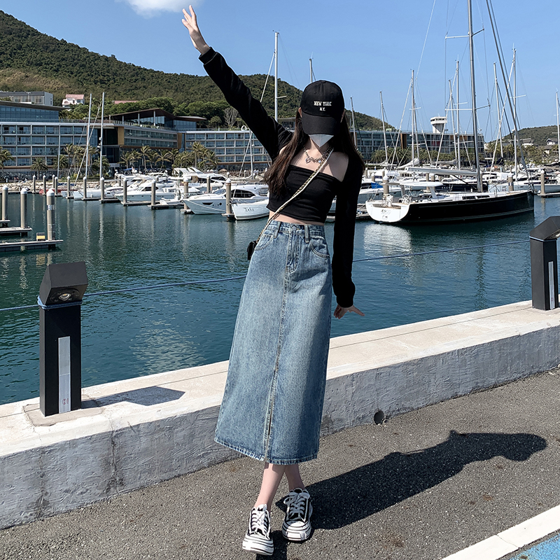 牛仔裙半身裙女中长款梨型身材夏季新款前开叉复古a字款包臀裙子