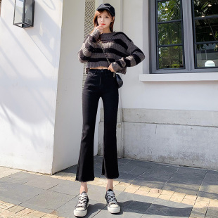 显瘦chic喇叭裤 弹力修身 高腰显瘦九分韩版 黑色微喇牛仔女2024新款