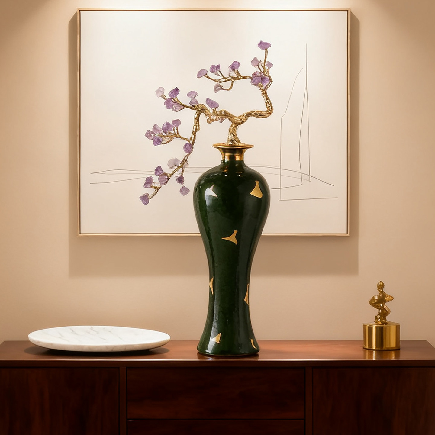 新中式客厅花瓶摆件高端轻奢紫晶花装饰陶瓷工艺品新房送礼品7477