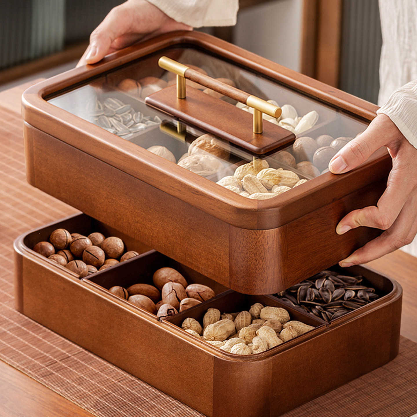 实木干果盒客厅轻奢家用创意新中式玻璃糖果盒茶几桌面收纳坚果盒