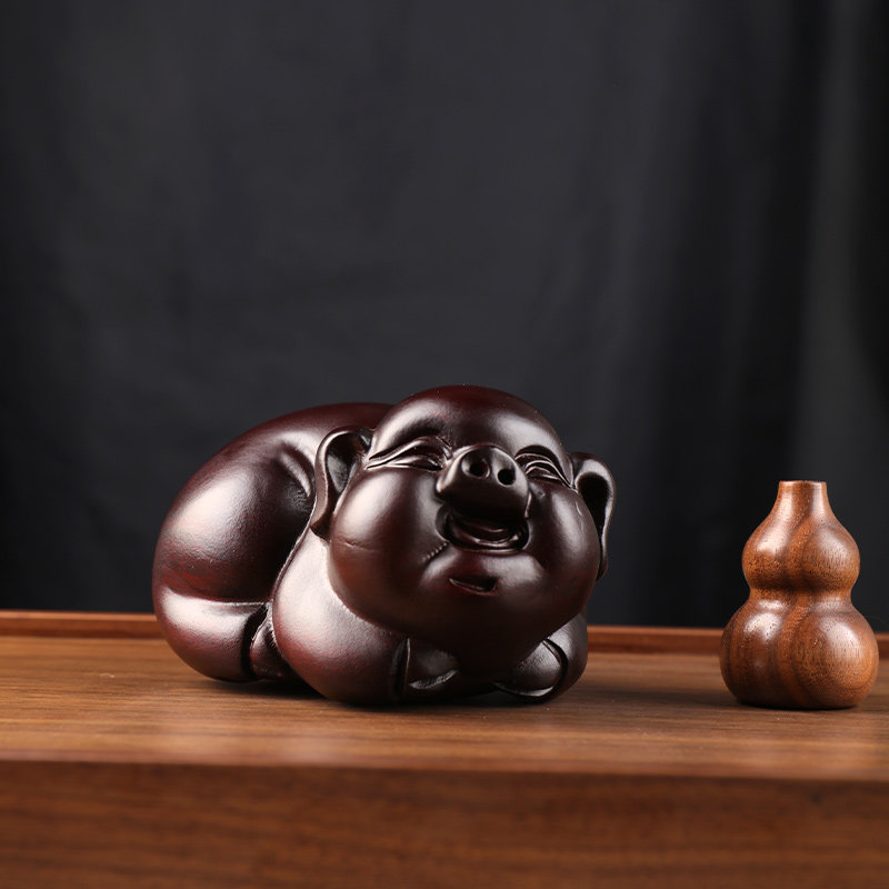福猪茶宠木雕摆件黑檀木高级精品冲水富贵猪茶玩高端茶桌茶具配件