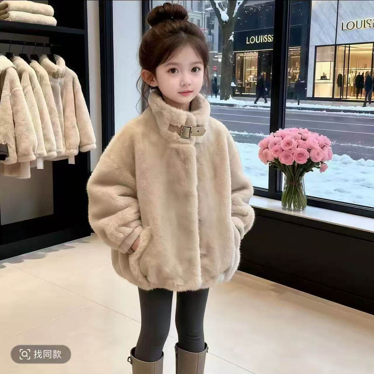 女童皮毛一体毛毛外套新款秋冬中大童女孩立领短款加绒大衣洋气潮