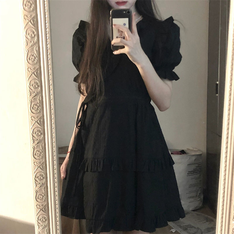 韩版复古气质小黑裙木耳边娃娃领收腰显瘦连衣裙女学生夏季a字裙