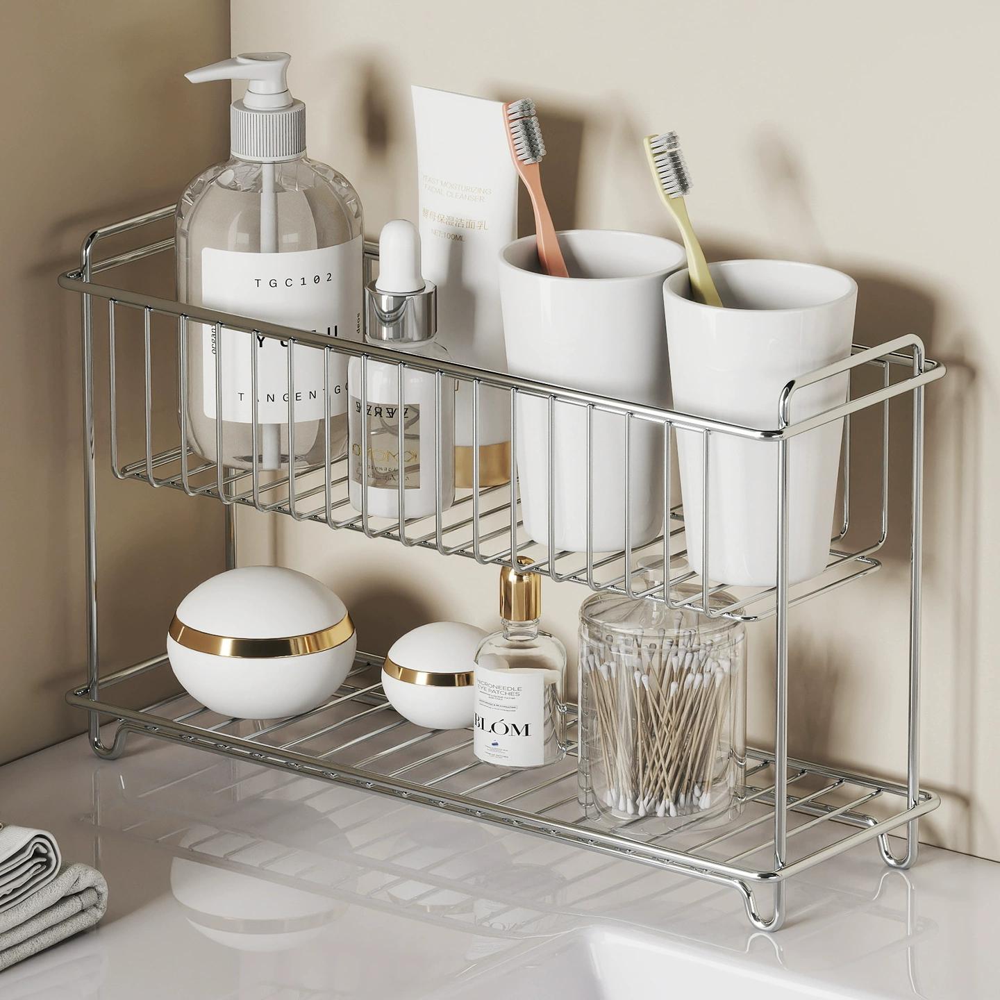 不锈钢双层置物架卫生间台面沥水架浴室护肤品厨房调料水杯收纳篮