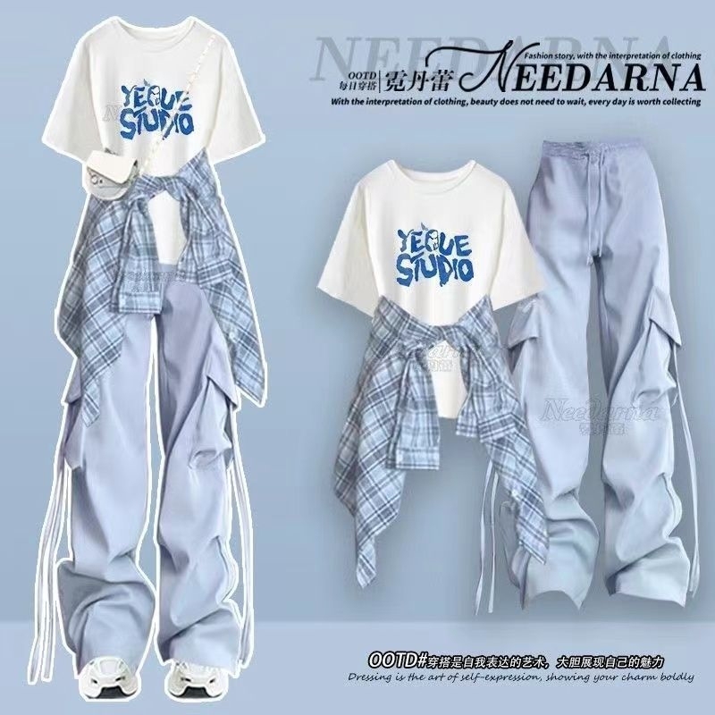 2025新款多巴胺穿搭一整套格子衬衫短袖T恤时尚工装裤三件套