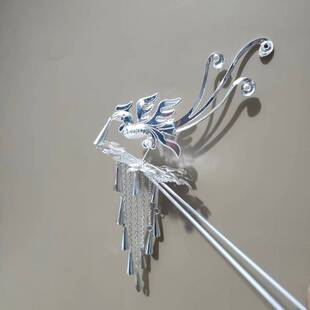 新中式发簪凤钗步摇孔雀流苏侧凤古风大气唯美银色凤发冠发钗