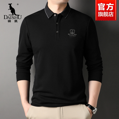 袋鼠Polo衫男士长袖t恤2025中年爸爸春秋装上衣百搭体桖打底衫男