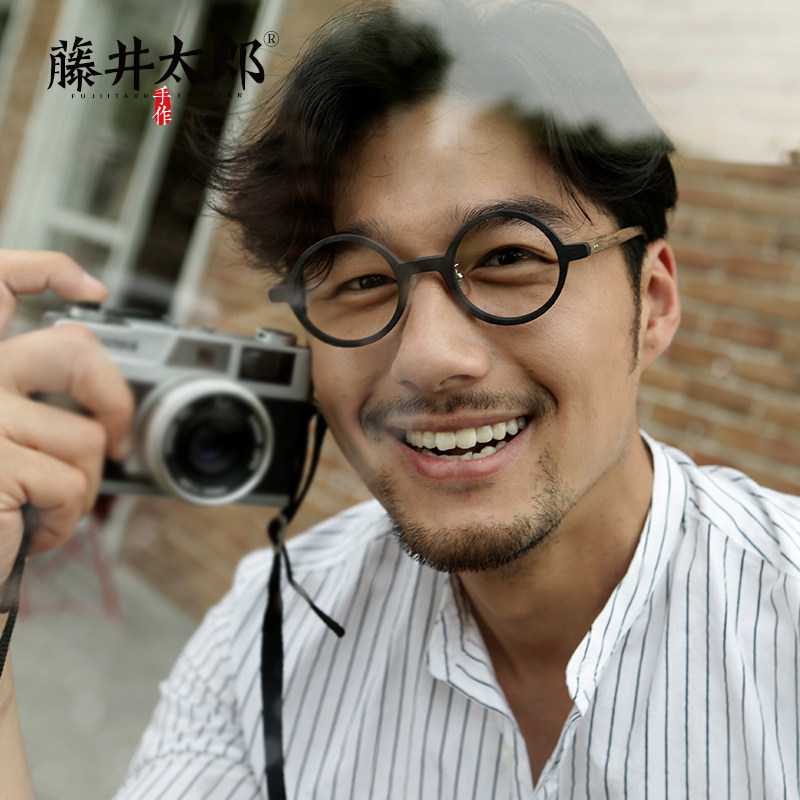 藤井太郎日系手工木质圆框眼镜框复古圆框眼镜架木纹近视眼睛男女