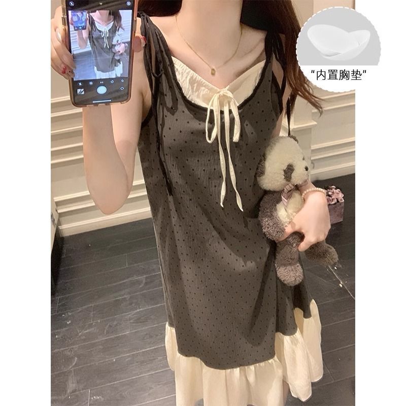 带胸垫灰色睡裙女款夏季纯欲风韩系圆点吊带睡衣夏天连衣裙家居服