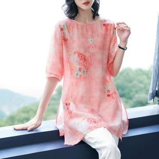 衬衫 宽松简约纯苎麻上衣女中长款 珂佐芙2023夏季 文艺圆领麻料短袖