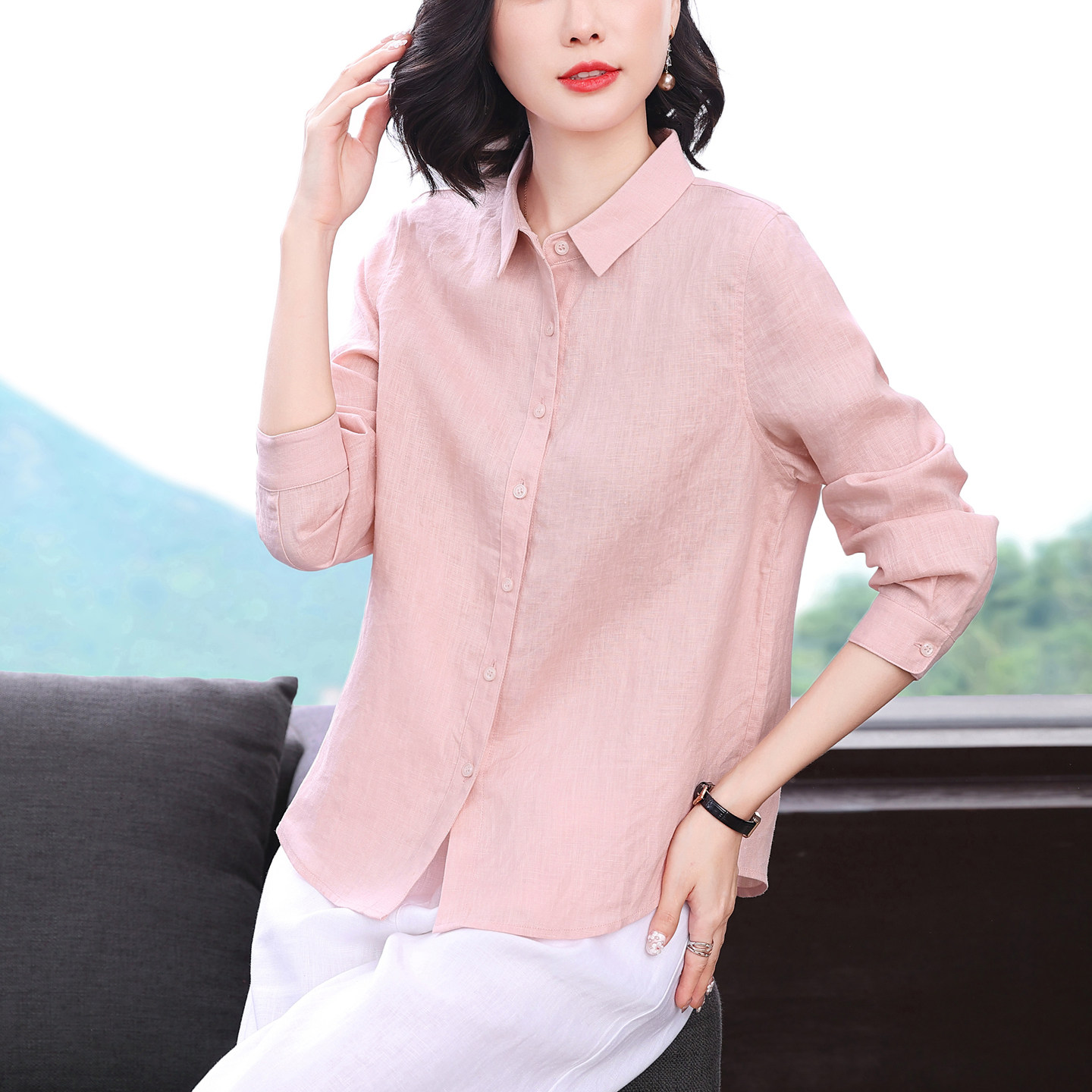 粉色亚麻衬衫女款2026新款夏轻奢高级感减龄洋气宽松休闲长袖上衣