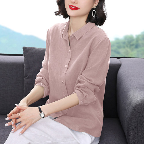纯亚麻上衣女高端妈妈长袖麻衬衣
