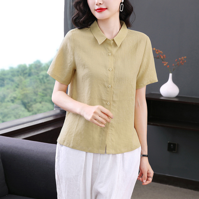 珂佐芙纯亚麻女短袖妈妈新款衬衫