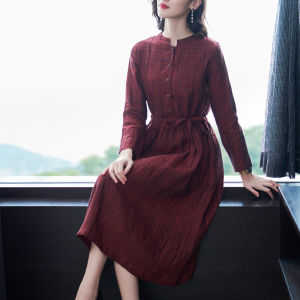 2026春秋装新款文艺格子亚麻连衣裙女中长款长袖打底裙子全麻长裙