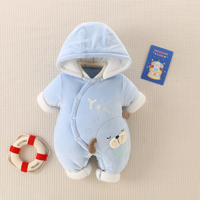 努米熊斜襟按扣连体衣有帽可拆