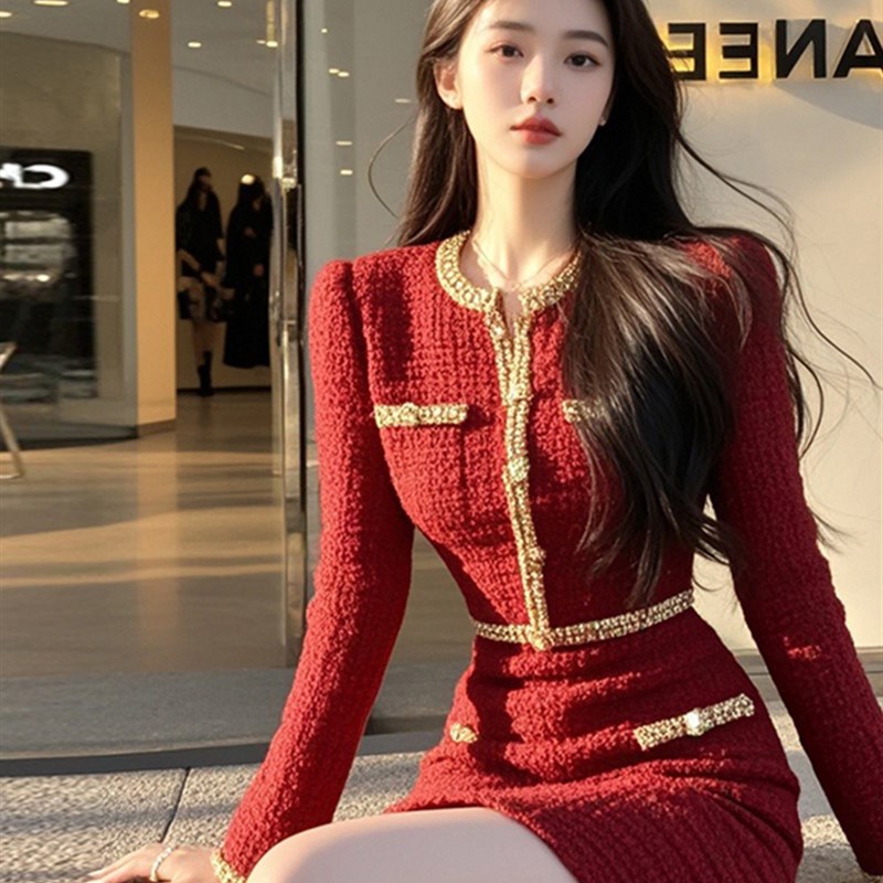 Ocnltiy小香风娇奢圆领红色连衣裙女名媛气质收腰长袖显白包臀裙