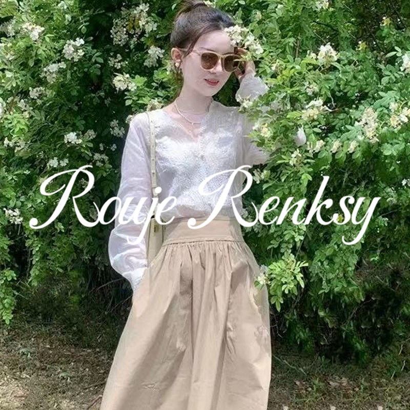 rouje renksy法式气质减龄V领蕾丝刺绣白色薄款简约衬衫女春