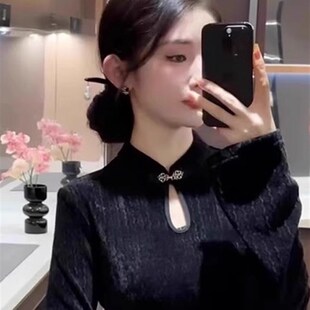 女2025新款 显瘦长袖 新中式 黑色旗袍修身 连衣裙 国风女装 秋装