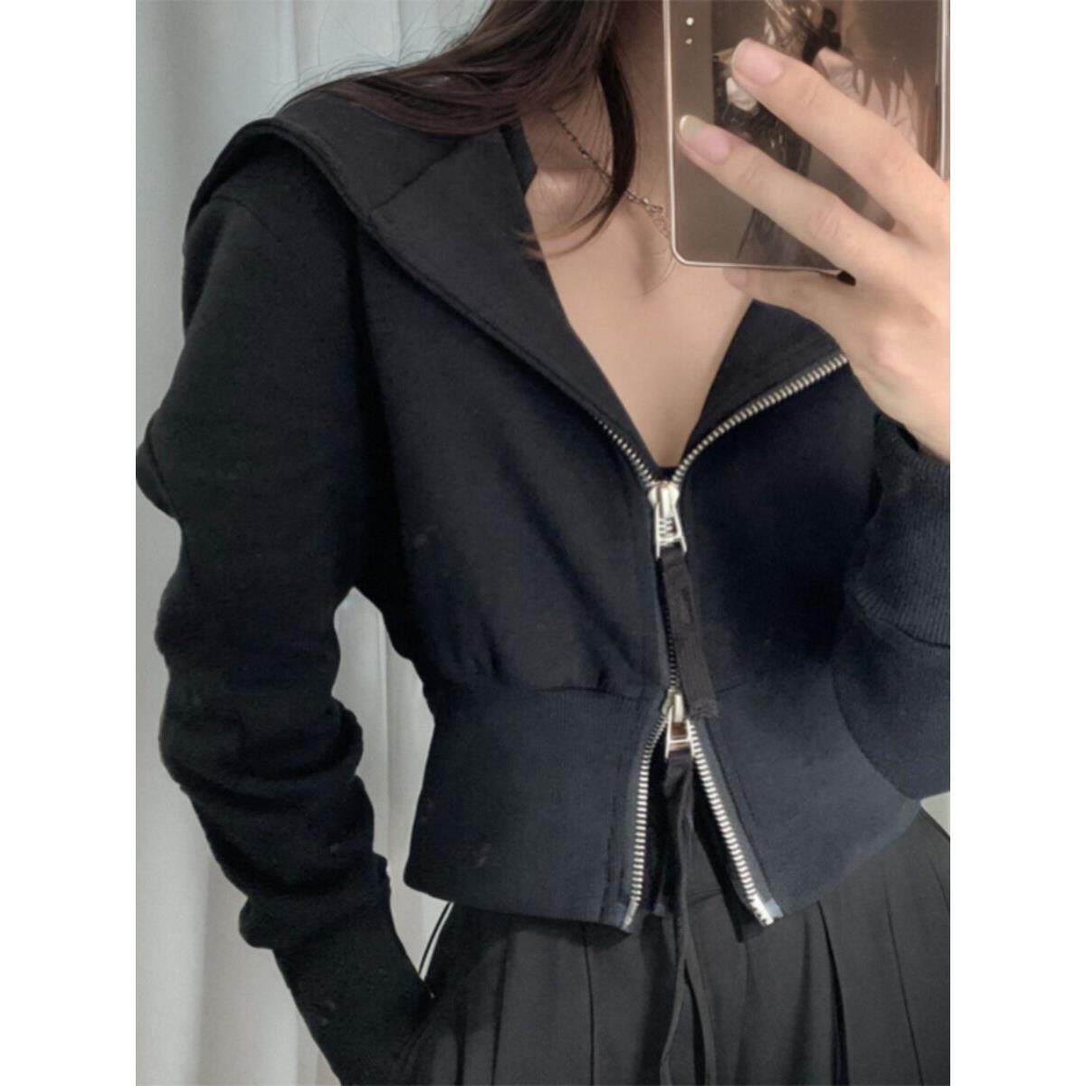 法国Rouje tusse黑色连帽短款卫衣修身外套女休闲百搭双拉炼开衫