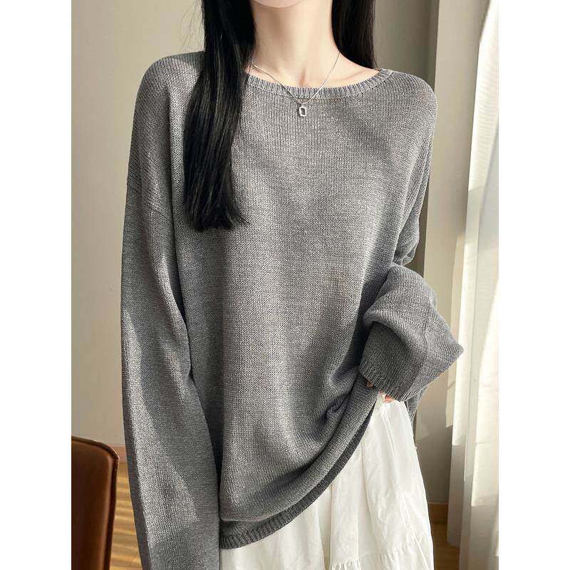 高端轻奢春秋款时尚宽松慵懒风和纸纱一字领针织衫女长袖防晒衫