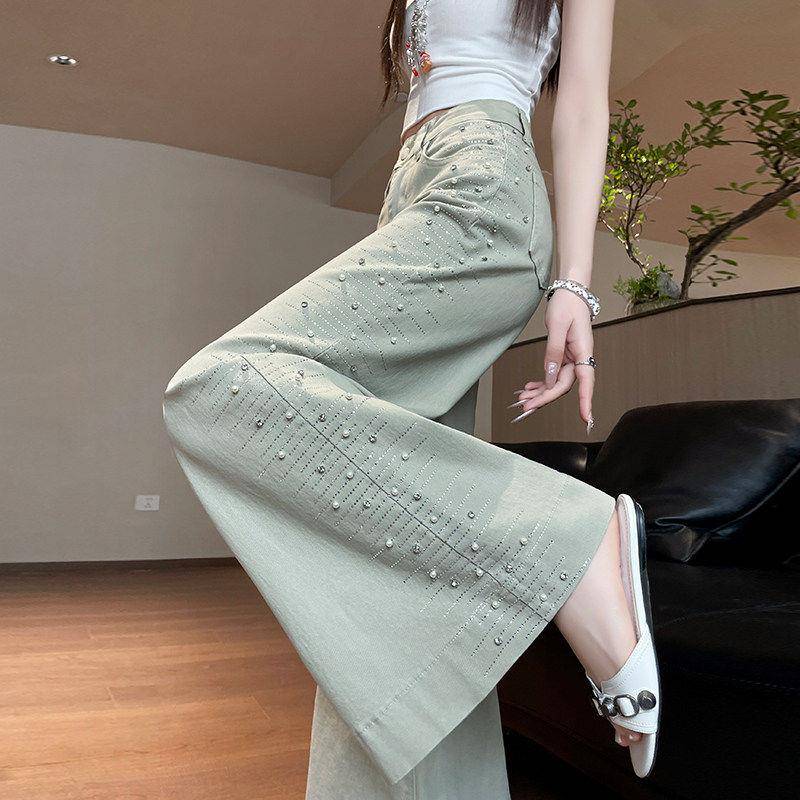 重工钉珠微喇牛仔裤女士夏季超火宽松设计感拖地裤显瘦烫钻喇叭裤