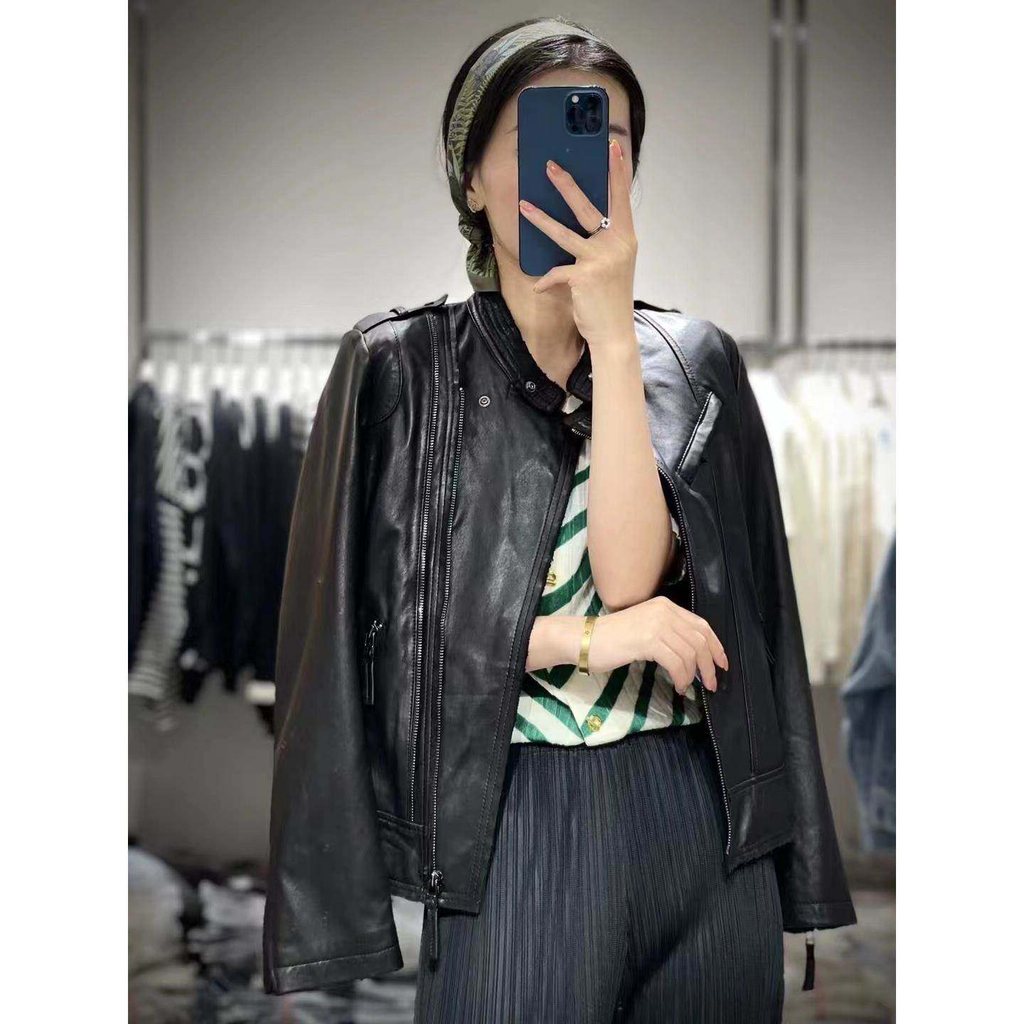 海宁2025新款韩版立领上衣短款皮衣女士机车服皮夹克外套修身大尺