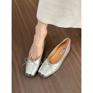 香港真皮麂皮银软皮浅口平底女式平底鞋2025春秋季新款蝴蝶结小银