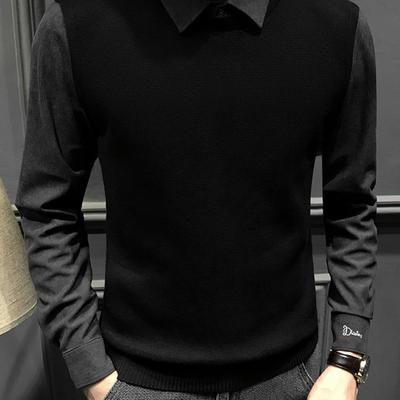 Home Daily~假两件毛衣男2025新款加绒针织衫秋冬内搭打底上衣男