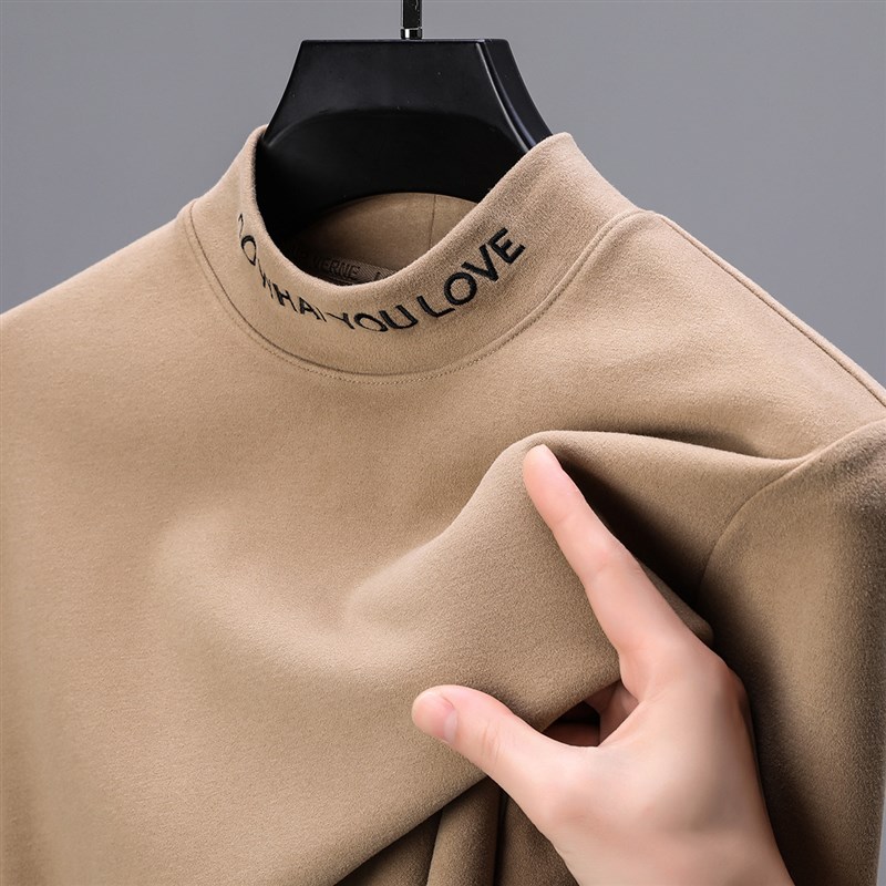 MAROLIO~蓄热锁温!2025新款德绒长袖T恤男潮流刺绣半高领打底衫