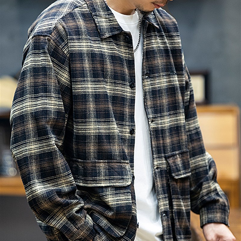 it neith BIAS潮牌格子衬衫男秋季美式覆古春秋休闲工装外套