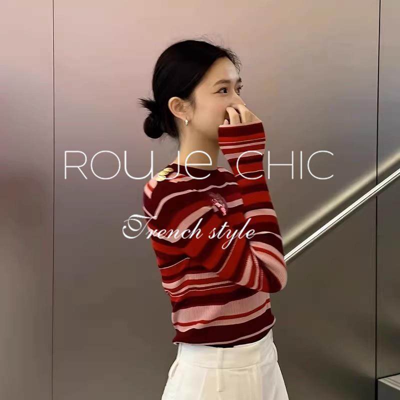 法国Rouje Chic法式红色爱心亮片条纹针织衫毛衣女秋冬季修身上衣