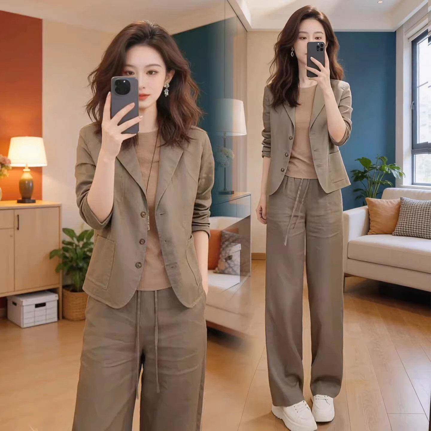 香港代购时尚休闲西装套装女春秋新款显瘦短款西服阔腿裤子两件套