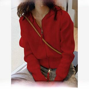 Rouje tusse连帽卫衣女红色羊绒毛衣外套针织开衫拉炼羊毛上衣潮