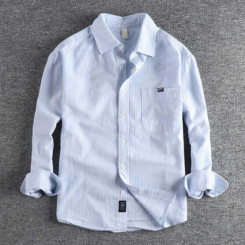 代购香港潮男春秋简约口袋休闲百搭修身衬衣复古男士条纹长袖衬衫