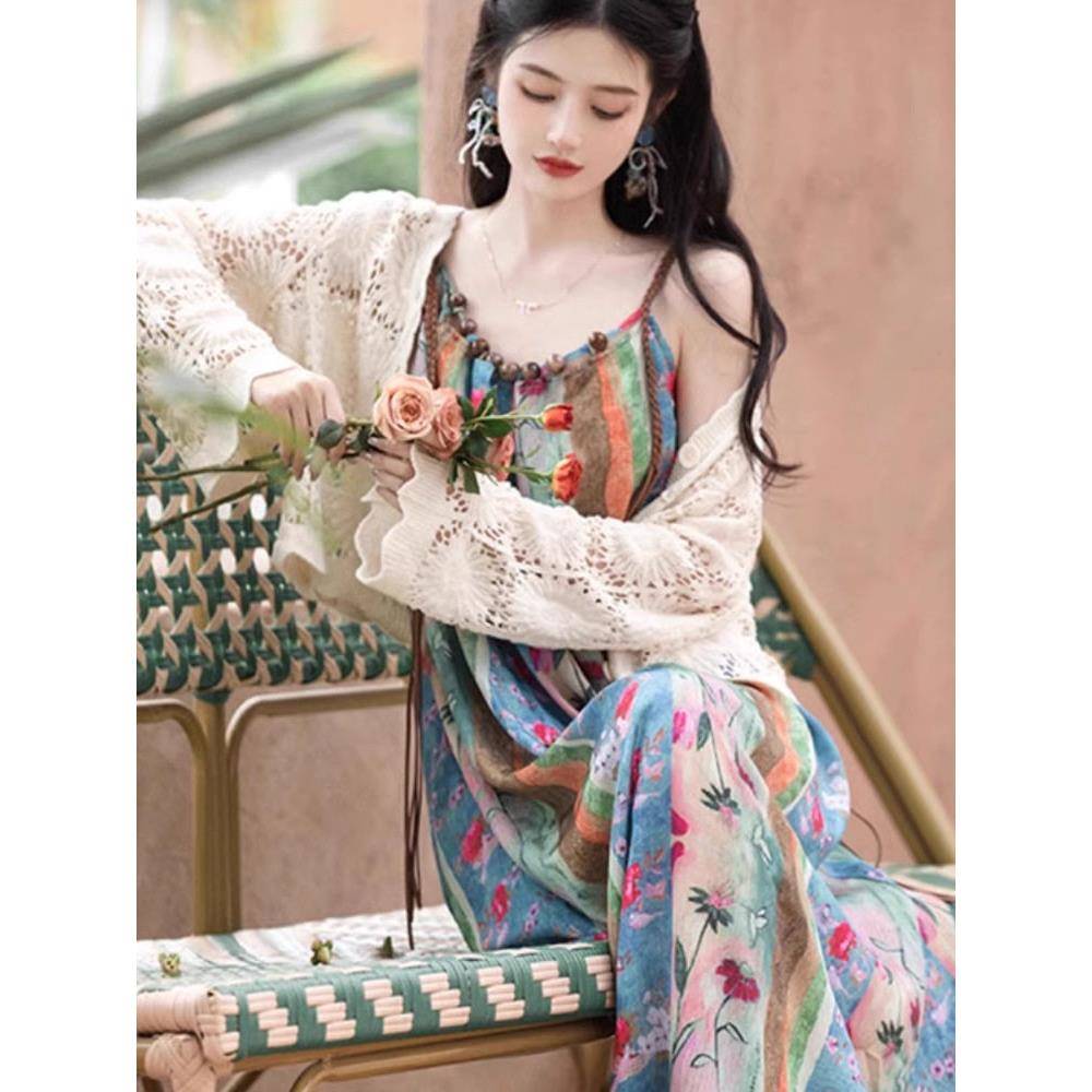 欧洲站旅游度假风长裙设计感油画印花薄款开衫宽松吊带连衣裙套装