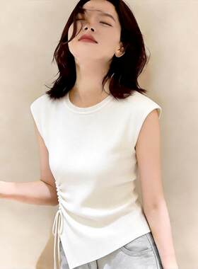 设计感后背镂空无袖针织衫女夏季新款不规则抽绳收腰修身显瘦上衣