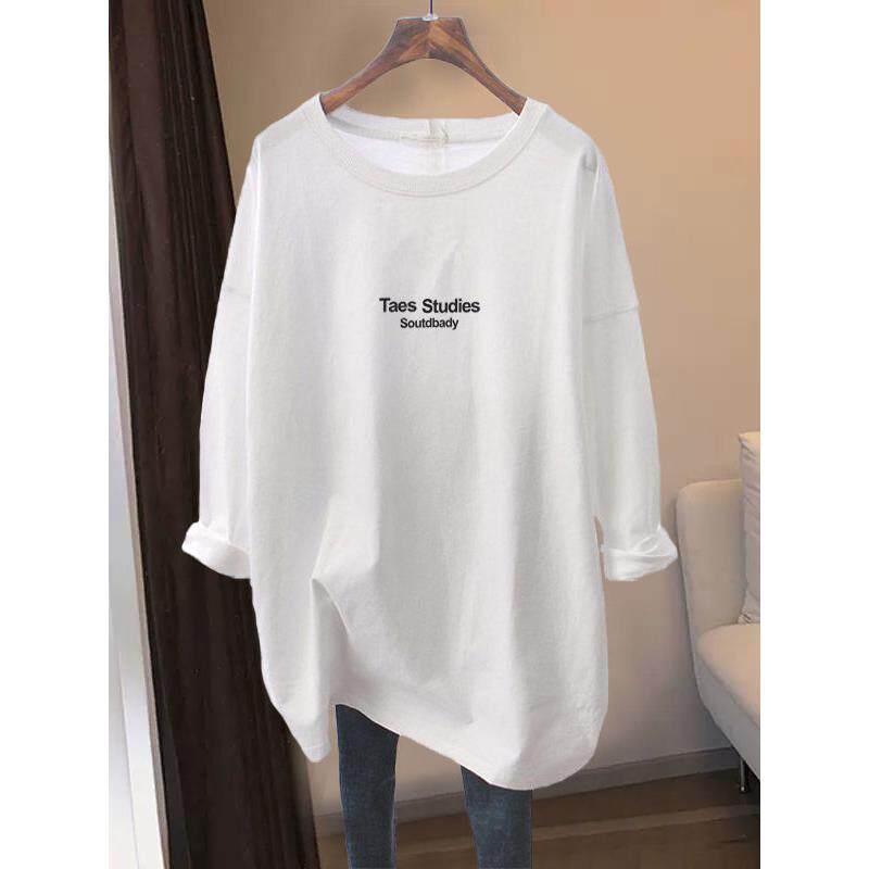 欧洲站白色长袖T恤女2025新款春秋冬中长款遮屁股宽松大码打底衫