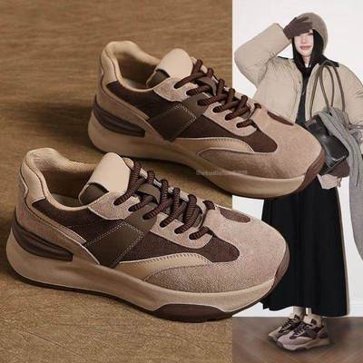 港风真皮复古厚底阿甘鞋女2025春秋百搭德训鞋休闲运动加绒老爹鞋