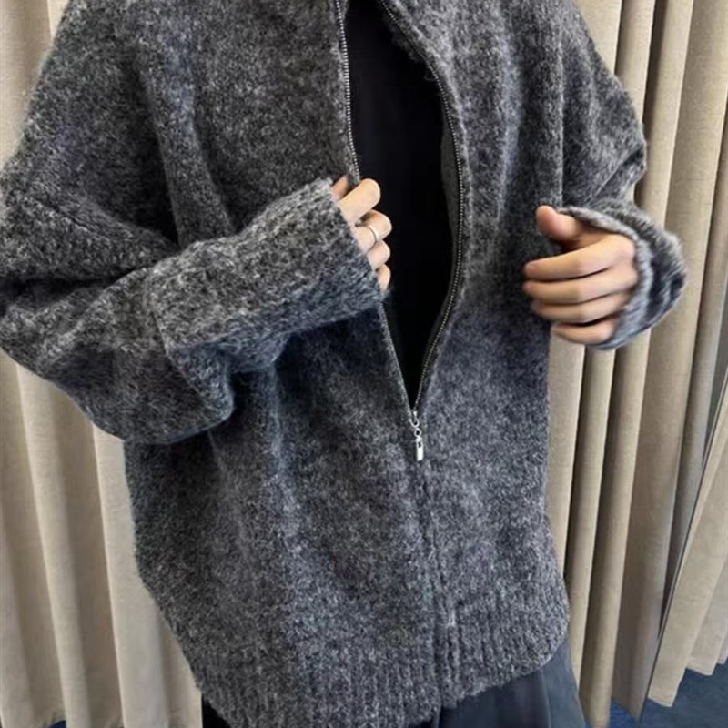 香港秋冬慵懒风深灰色羊绒毛衣外套男士宽松立领保暖针织开衫外套