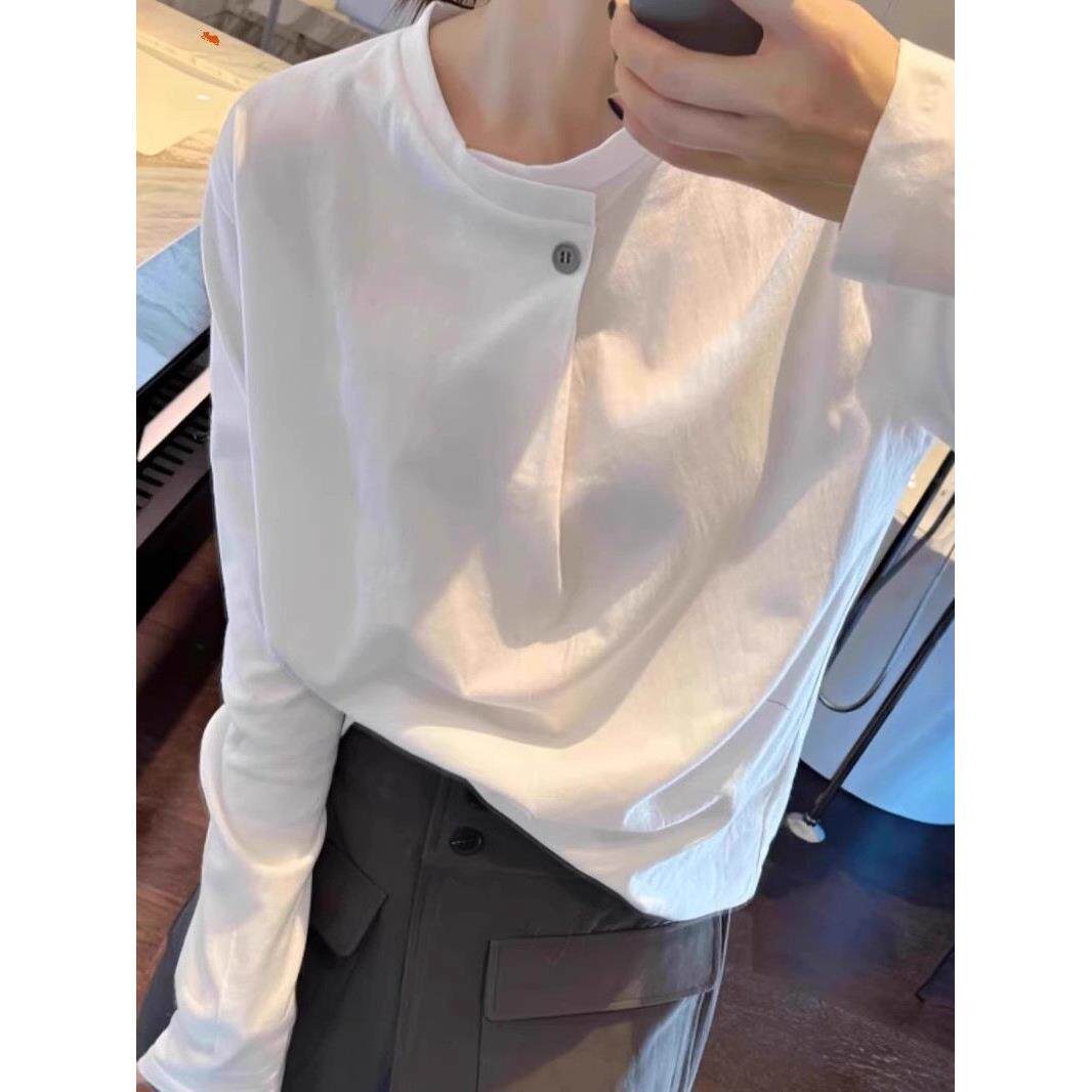 韩国纯棉正肩白色长袖t恤女2025春秋季宽松慵懒打底衫大码上衣女