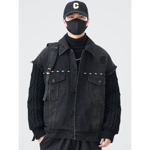 潮牌覆古水洗牛仔羽绒服男士冬季设计感重工针织拼接翻领夹克外套