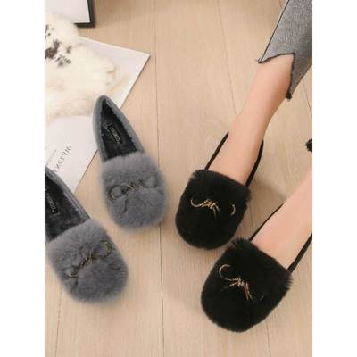 香港厚底豆豆鞋女加绒外穿毛毛鞋一脚蹬孕妇鞋女棉鞋秋冬大码女鞋