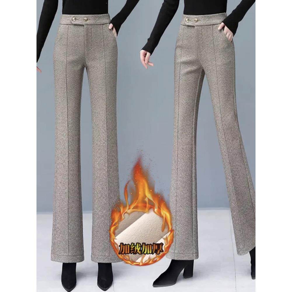 卡其色毛呢微喇叭裤女春秋加绒2025新款加厚高腰显瘦西装休闲长裤