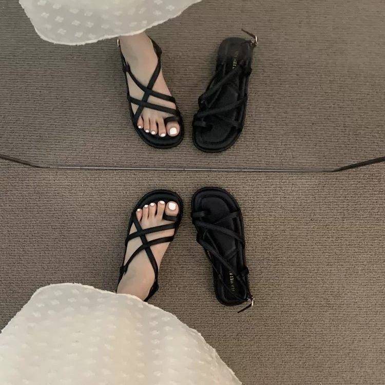 版型绝瞭~ITSK凉鞋女夏季平底复古细带配裙子法式小众绑带罗马鞋