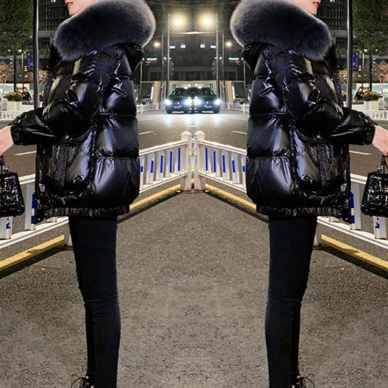 黑色羽绒棉服女冬季新款时尚韩版宽松加厚大毛领亮面免洗棉衣外套