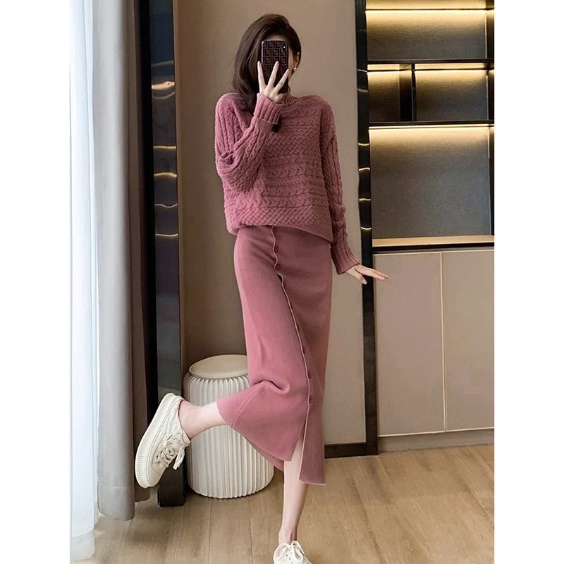 女装2023新款慵懒风粉色高领毛衣套装半身裙针织两件套秋冬