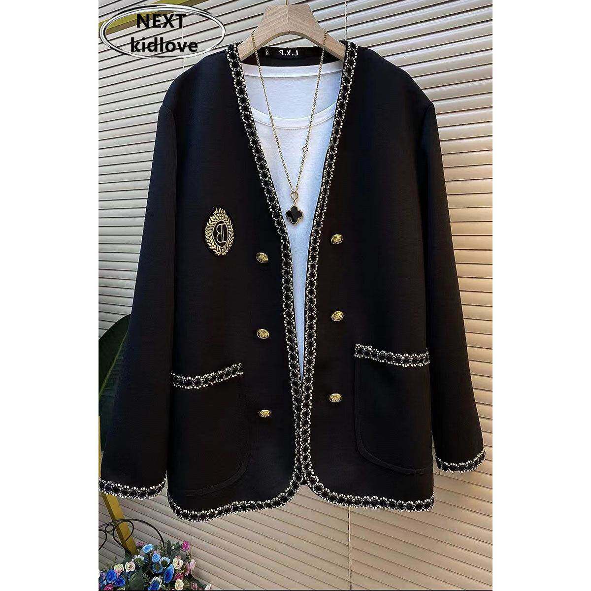 香港大码女装胖mm钉珠设计感黑色西装外套女刺绣小香风开衫春装潮